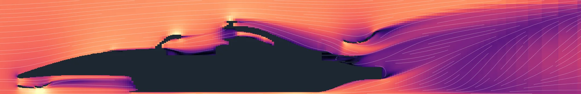 Flow speed and streamlines on the centre plane of the car