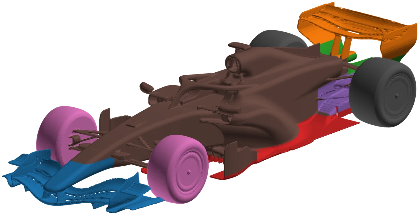 The car split into components: front wing, body, floor, wheels and rear wing in different colours