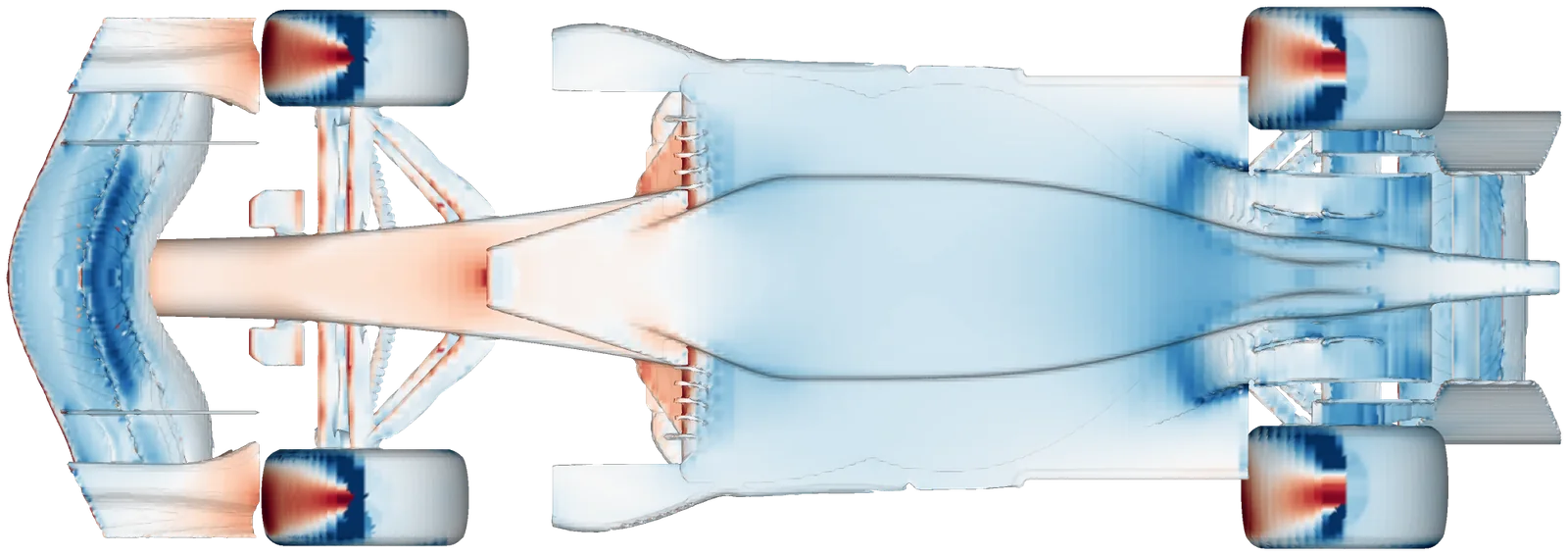 The underside of the car coloured by surface pressure