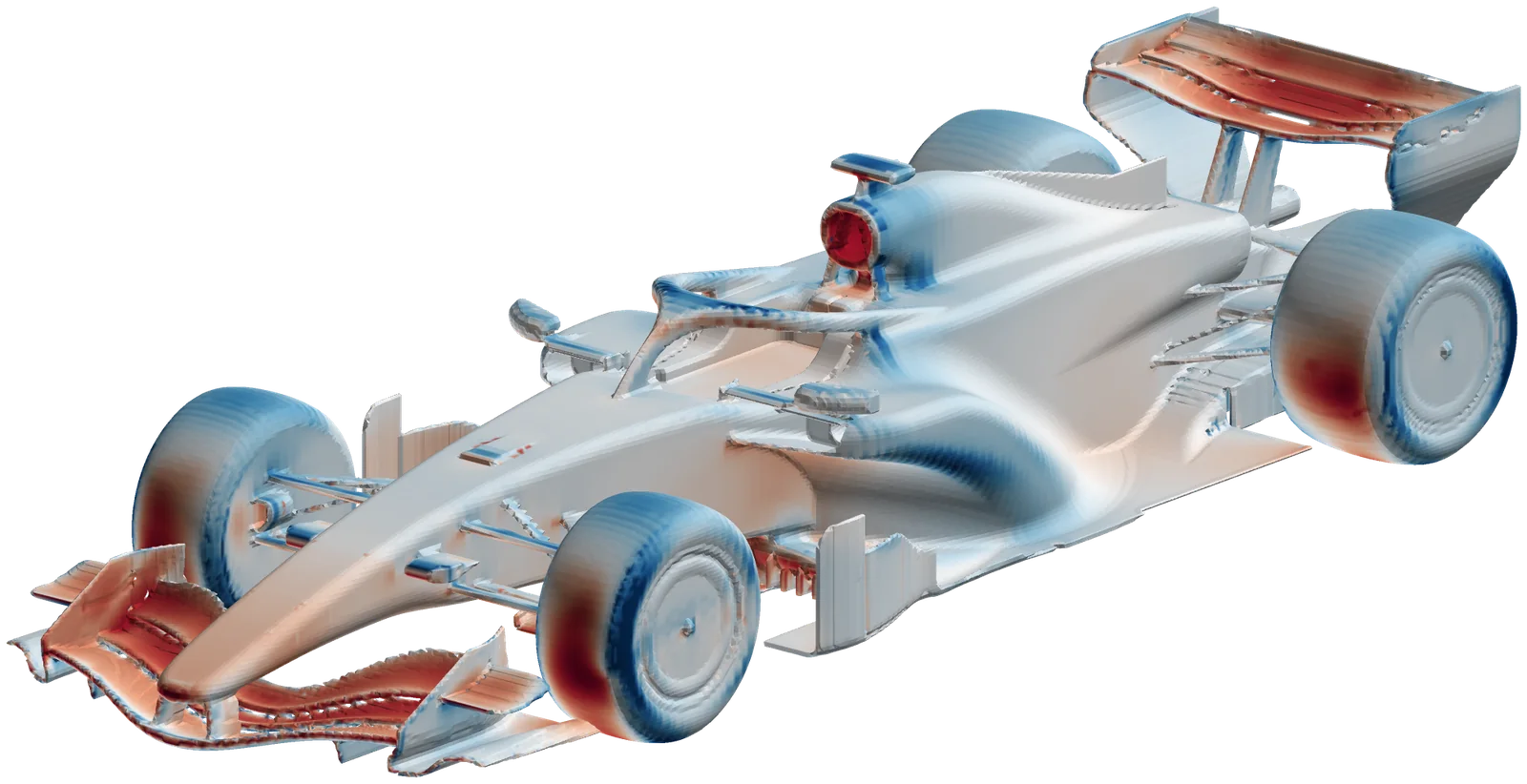 A Formula 1 car coloured by surface pressure: blue suction on the wings and floor edges, red stagnation on the wing leading edges and tyre fronts